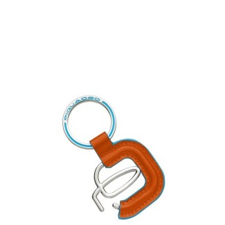 Piquadro logo keychain in leather-covered Blue Square  orange