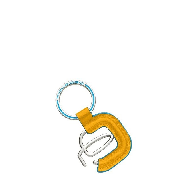 Piquadro logo keychain in leather-covered Blue Square - yellow