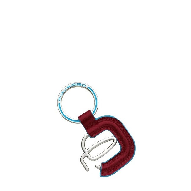 Piquadro logo keychain in leather-covered Blue Square Red