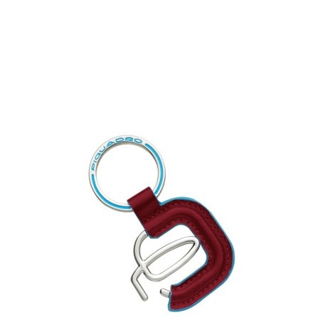 Piquadro logo keychain in leather-covered Blue Square Red