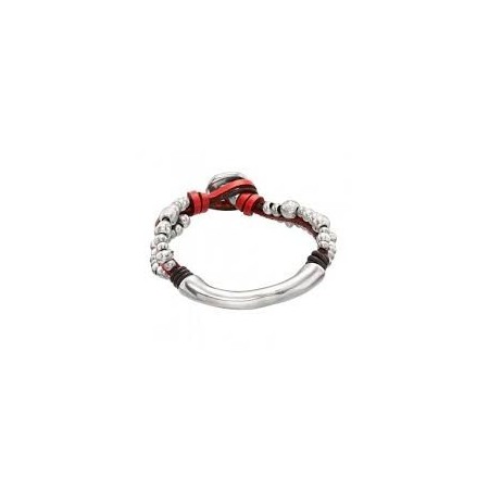 Bracciale Uno de50 UNISEX pelle marrone e rossa metallo argentato