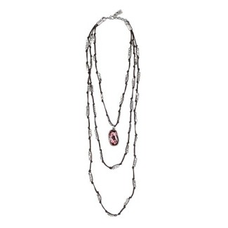 Collana Uno de50 lunga  in cuoio e pepite color argento con cristallo