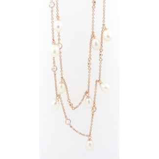 Italian Cameo silver pearl necklace in rose gold plated flower motif cameo