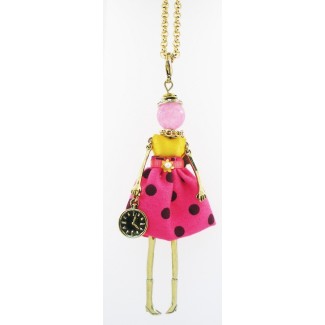 Collana bambola Le Carose classic abito rosa e giallo con pois