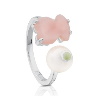 Silberring mit Perle und Tous Teddy Erma Rosa Opal