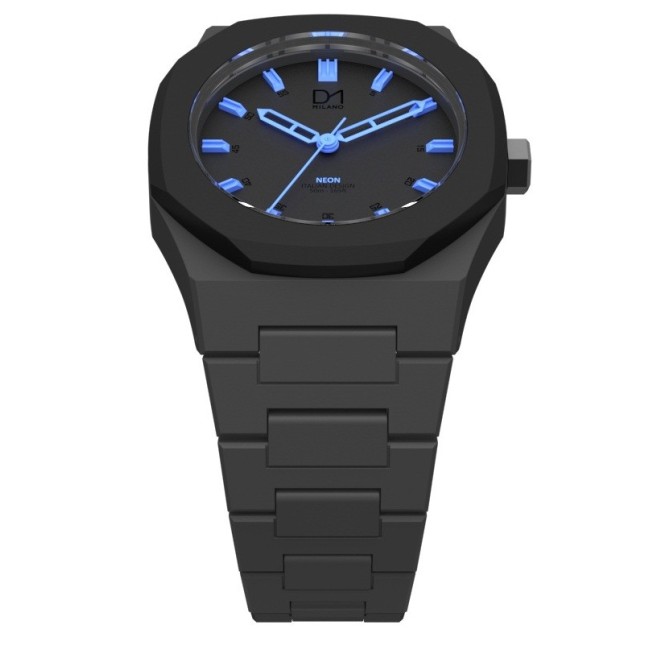Black Neon Clock blaue Linie D1 Mailand achteckigen Ring Indizes