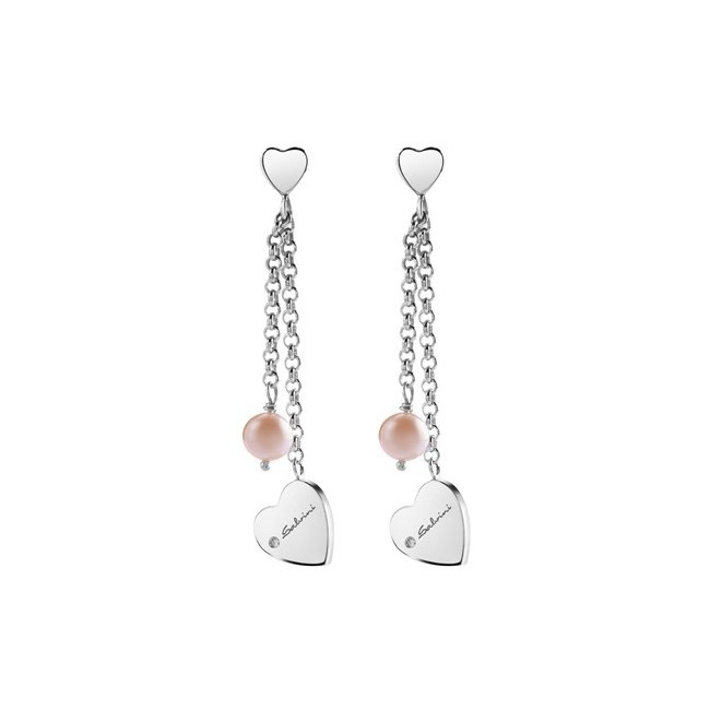 Orecchini Salvini con Perla e Cuore pendente in argento e diamante.