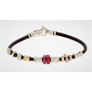 Armband Misani Schmuck Akzente in Leder mit Gold, Silber und Rubin, B890