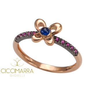 Anello Mimì Y-ME a farfalla in oro rosa e nero con Zaffiro e Rubini