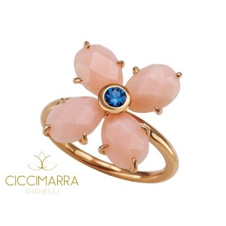 Anello Mimì Bloom a fiore in oro con Opale rosa e Zaffiro Blu