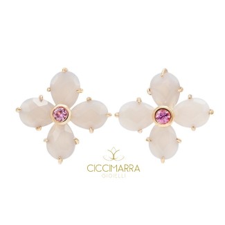 Mimi Bloom flower earrings in gold with gray agate and pink sapphires