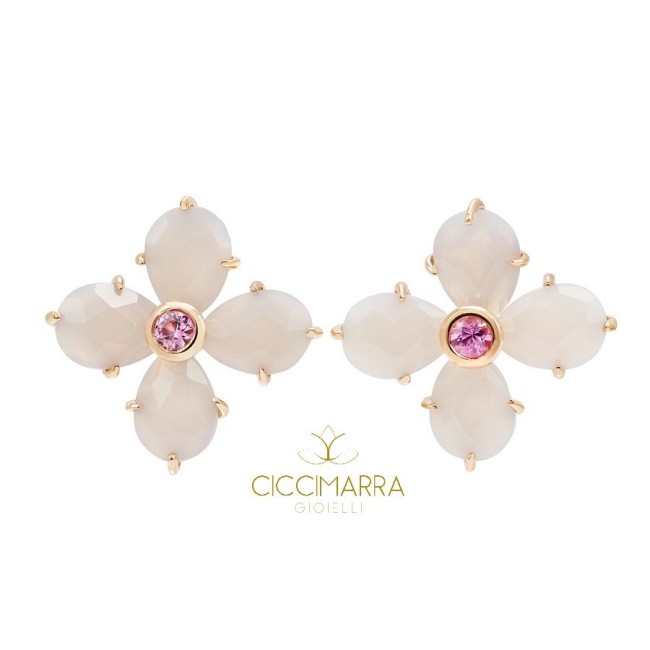 Orecchini Mimì Bloom a fiore in oro con agata grigia e zaffiri rosa