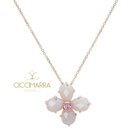 Mimì Bloom Blumenkette in Gold mit grauem Achat und rosa Saphir