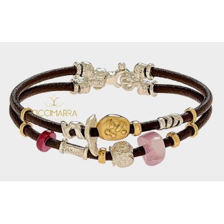 Bracciale Misani gioielli Accenti in cuoio con oro, argento, rubini e kunzite