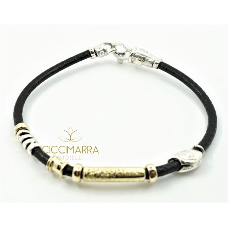 Misani bracelet in leather with tubular gold and silver B2007