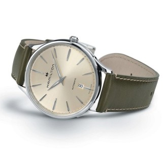 Hamilton Mann Thinline Auto Uhr Creme genäht grünen Riemen