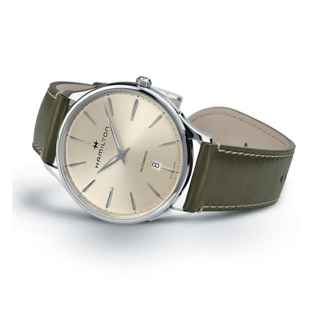 Hamilton Mann Thinline Auto Uhr Creme genäht grünen Riemen