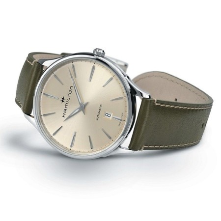 Hamilton man thinline car watch cream stitched green strap