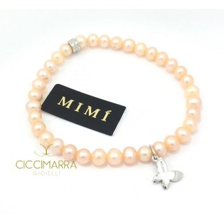Elastisches Mimì Armband mit cremefarbenen Perlen und Butterfly