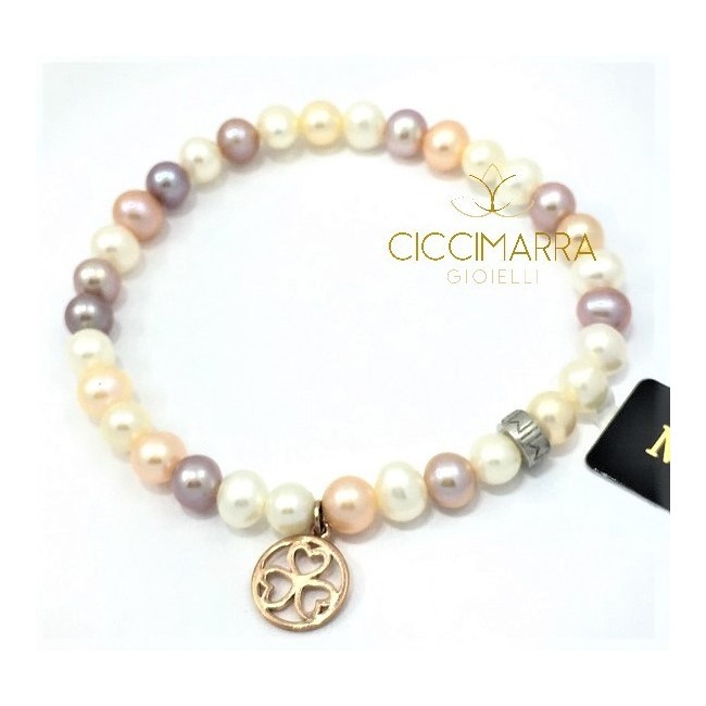 Elastic Mimì bracelet with multicolor pearls and gold pendant