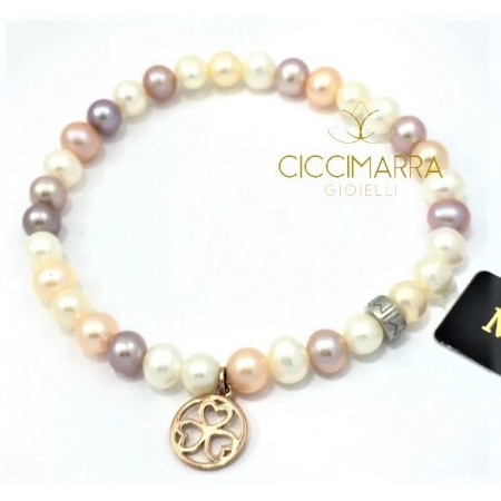 Bracciale Mimì elastica con perle multicolor e pendente in oro