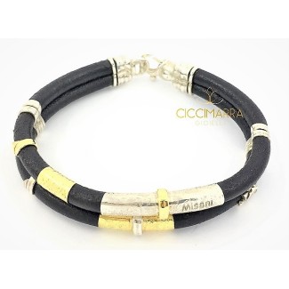 Misani Armband mit Doppelfaden, Leder, Gold und Silber - B2094